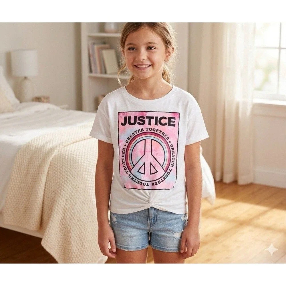 Justice Girls Size S 6/7 White Peace Sign T-Shirt Greater Together Tie Front NWT